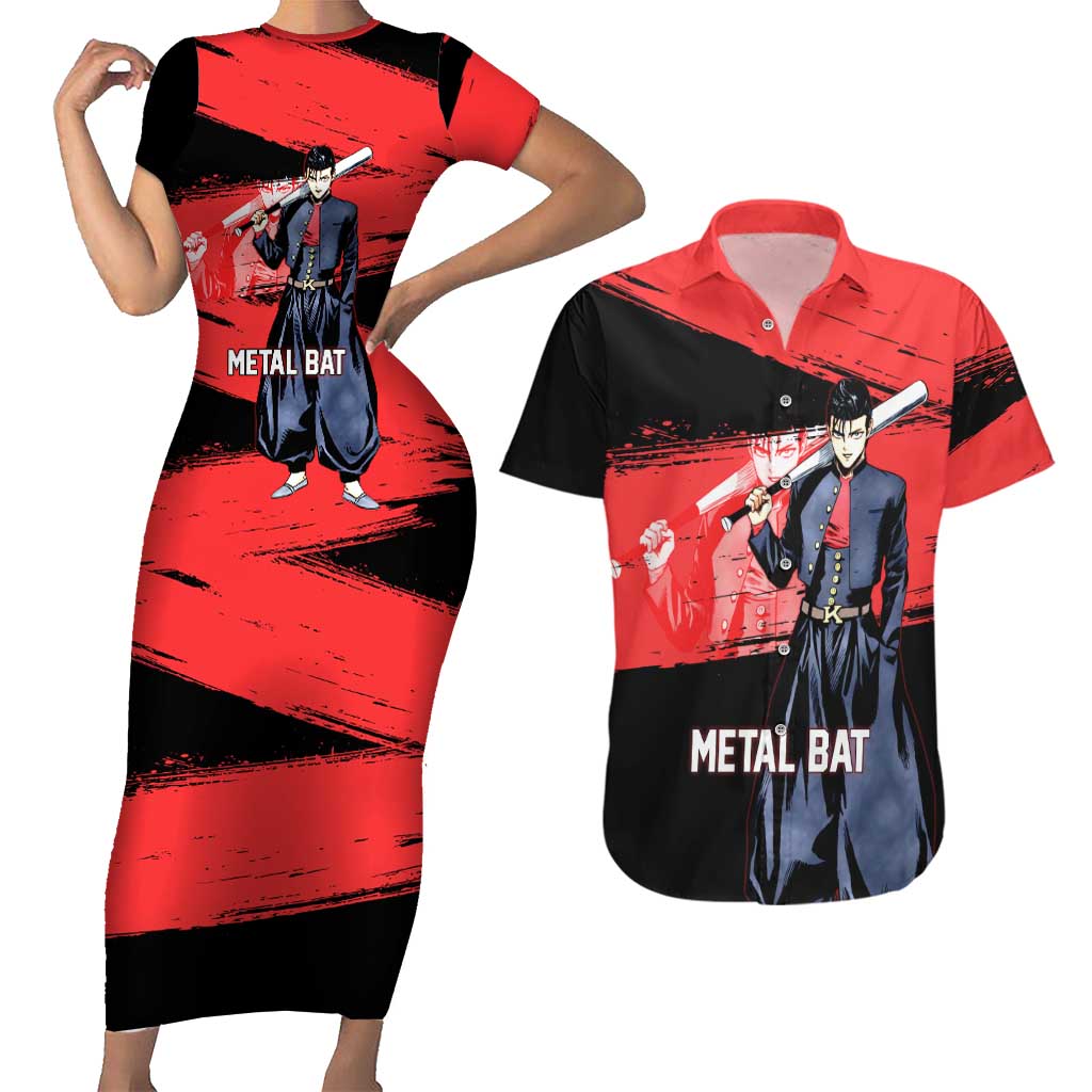Metal Bat One Punch Man Anime Red and Black Theme Couples Matching Short Sleeve Bodycon Dress and Hawaiian Shirt with Street Fighter Style and Bold Bat Stance - The Mazicc