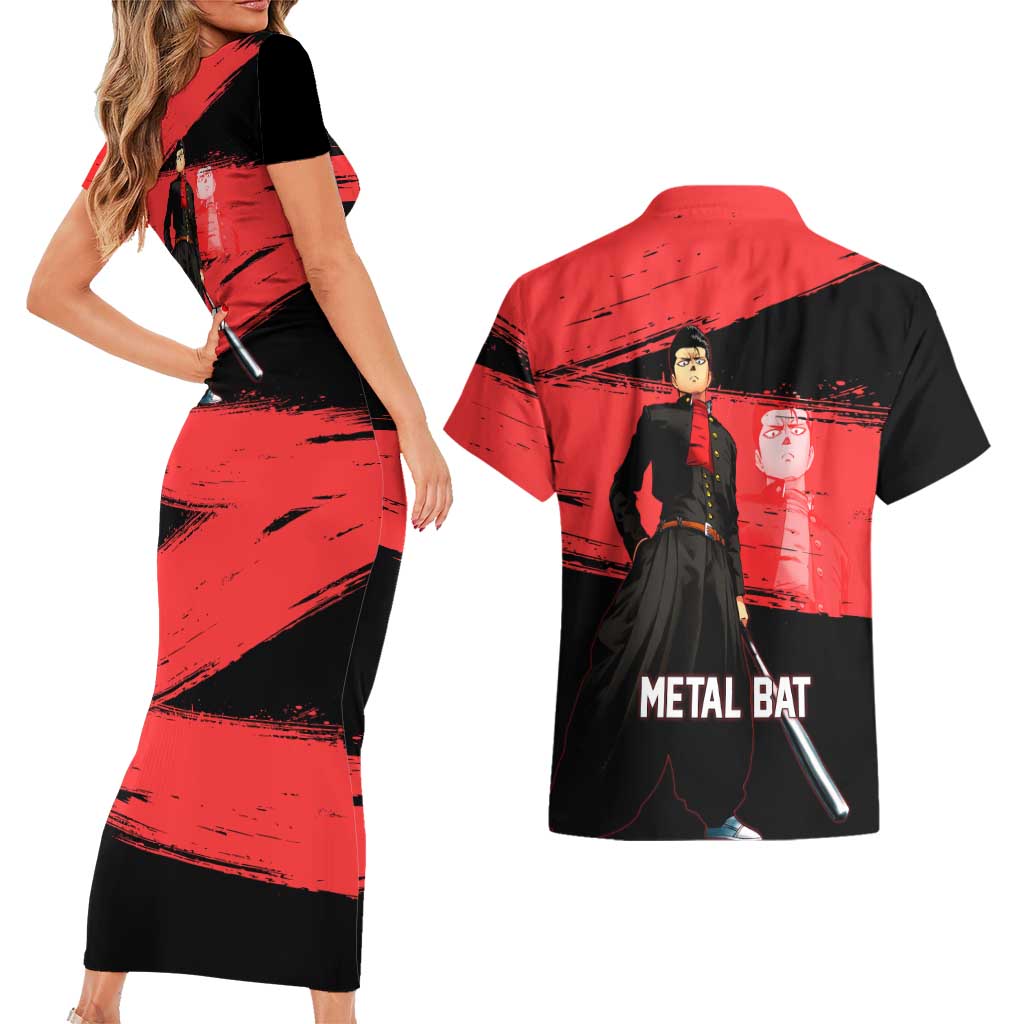 Metal Bat One Punch Man Anime Red and Black Theme Couples Matching Short Sleeve Bodycon Dress and Hawaiian Shirt with Street Fighter Style and Bold Bat Stance - The Mazicc