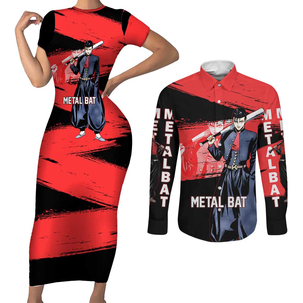 Metal Bat One Punch Man Anime Red and Black Theme Couples Matching Short Sleeve Bodycon Dress and Long Sleeve Button Shirt with Street Fighter Style and Bold Bat Stance - The Mazicc