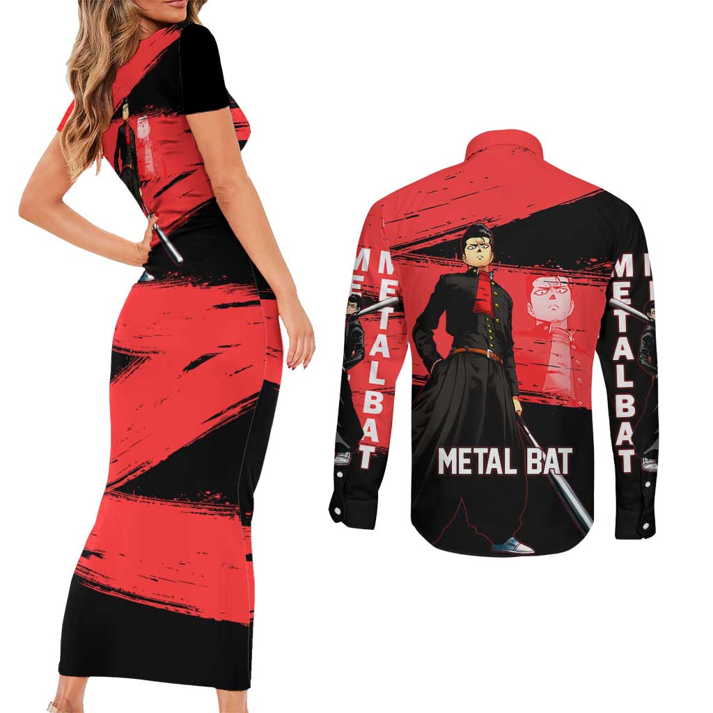 Metal Bat One Punch Man Anime Red and Black Theme Couples Matching Short Sleeve Bodycon Dress and Long Sleeve Button Shirt with Street Fighter Style and Bold Bat Stance - The Mazicc