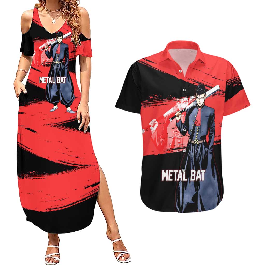 Metal Bat One Punch Man Anime Red and Black Theme Couples Matching Summer Maxi Dress and Hawaiian Shirt with Street Fighter Style and Bold Bat Stance - The Mazicc