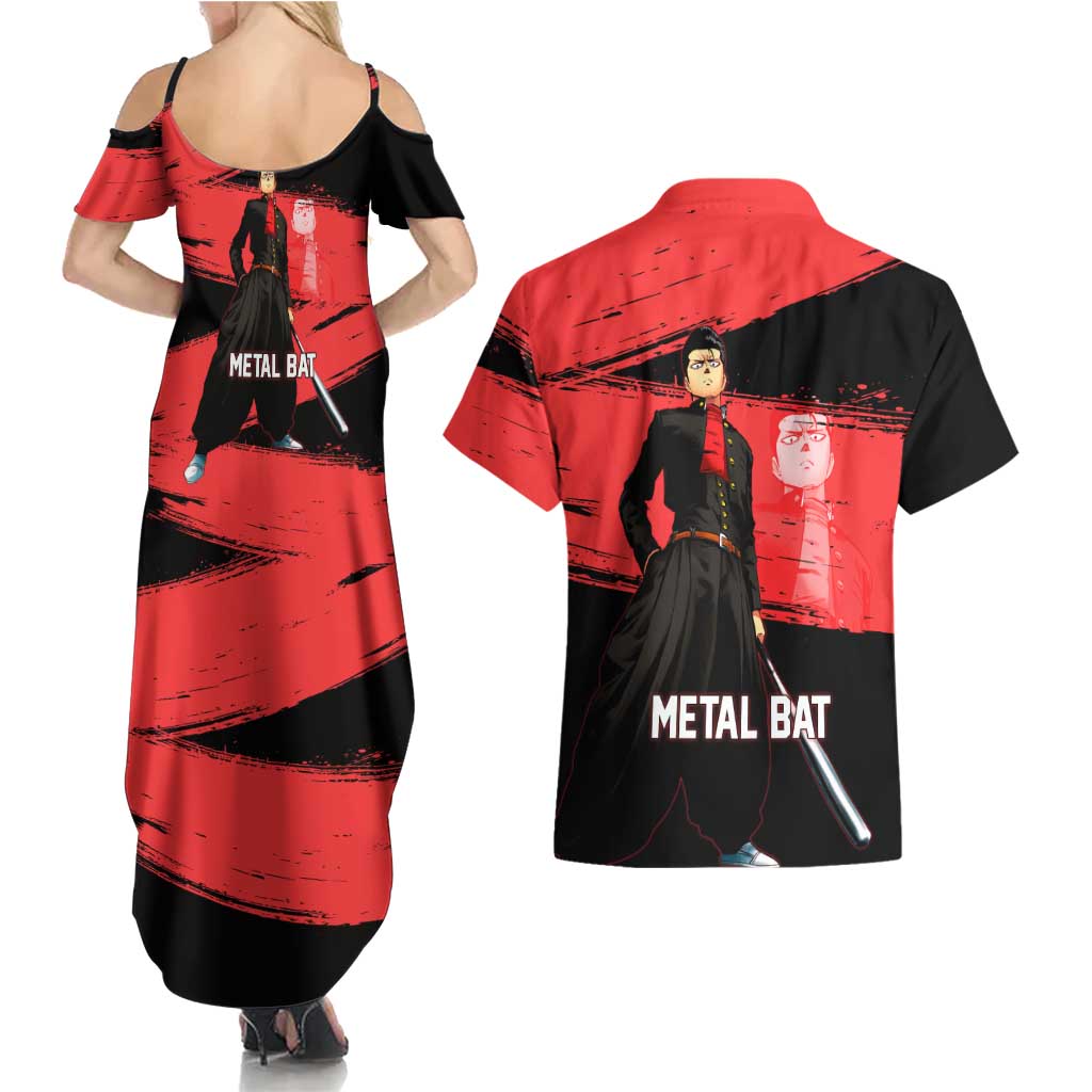 Metal Bat One Punch Man Anime Red and Black Theme Couples Matching Summer Maxi Dress and Hawaiian Shirt with Street Fighter Style and Bold Bat Stance - The Mazicc