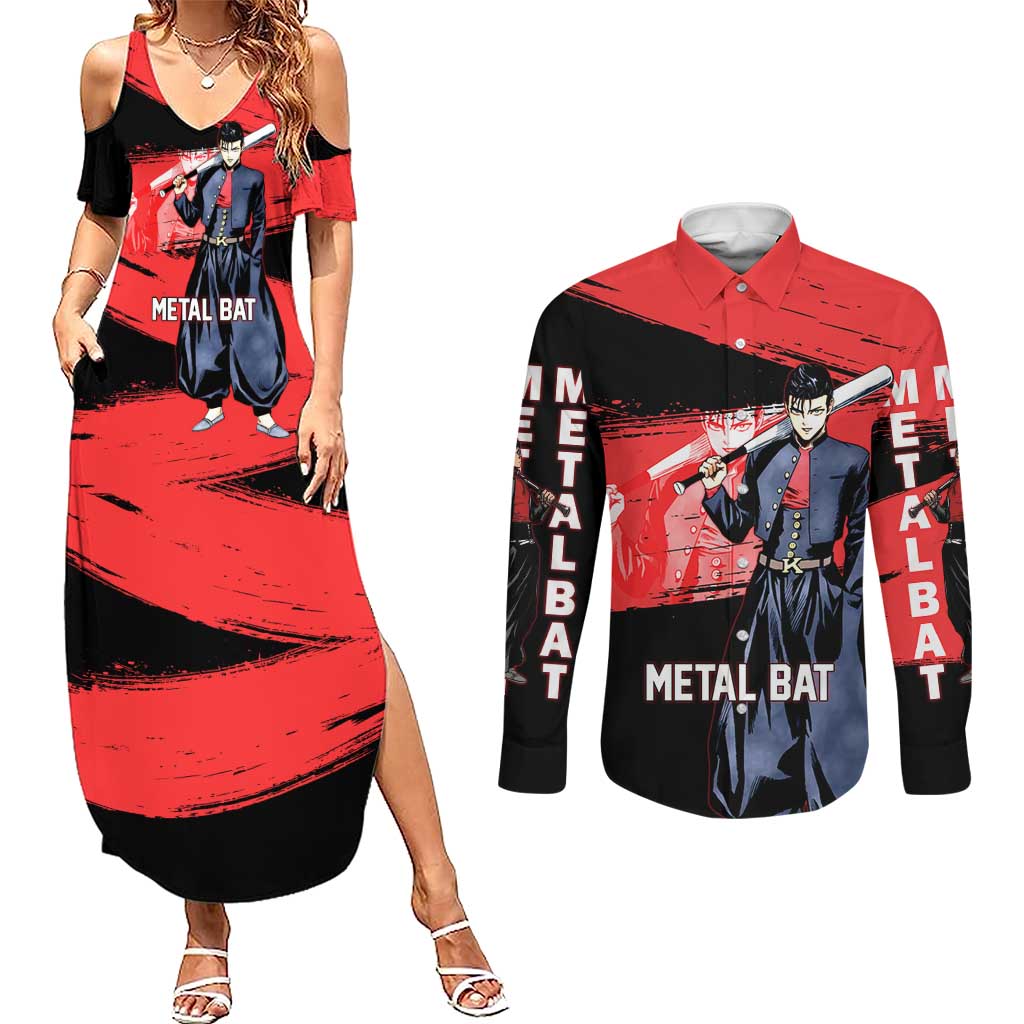Metal Bat One Punch Man Anime Red and Black Theme Couples Matching Summer Maxi Dress and Long Sleeve Button Shirt with Street Fighter Style and Bold Bat Stance - The Mazicc