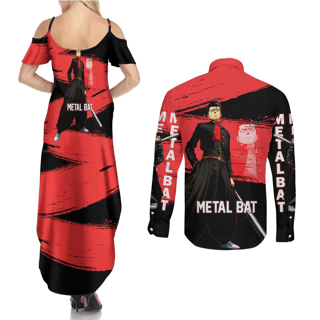 Metal Bat One Punch Man Anime Red and Black Theme Couples Matching Summer Maxi Dress and Long Sleeve Button Shirt with Street Fighter Style and Bold Bat Stance - The Mazicc