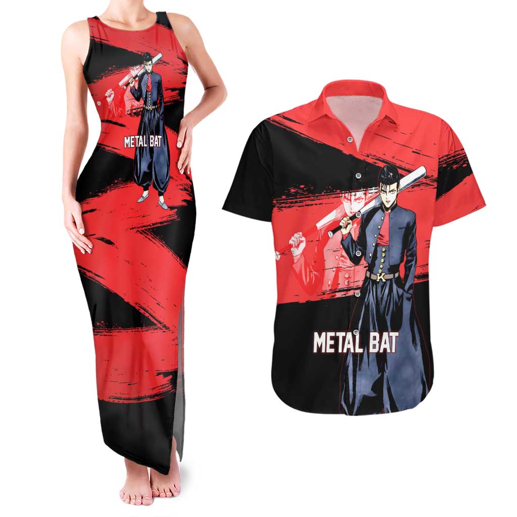 Metal Bat One Punch Man Anime Red and Black Theme Couples Matching Tank Maxi Dress and Hawaiian Shirt with Street Fighter Style and Bold Bat Stance - The Mazicc