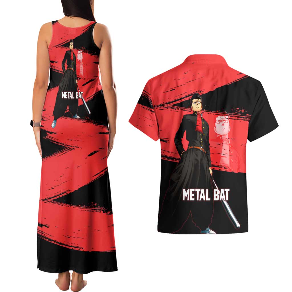 Metal Bat One Punch Man Anime Red and Black Theme Couples Matching Tank Maxi Dress and Hawaiian Shirt with Street Fighter Style and Bold Bat Stance - The Mazicc