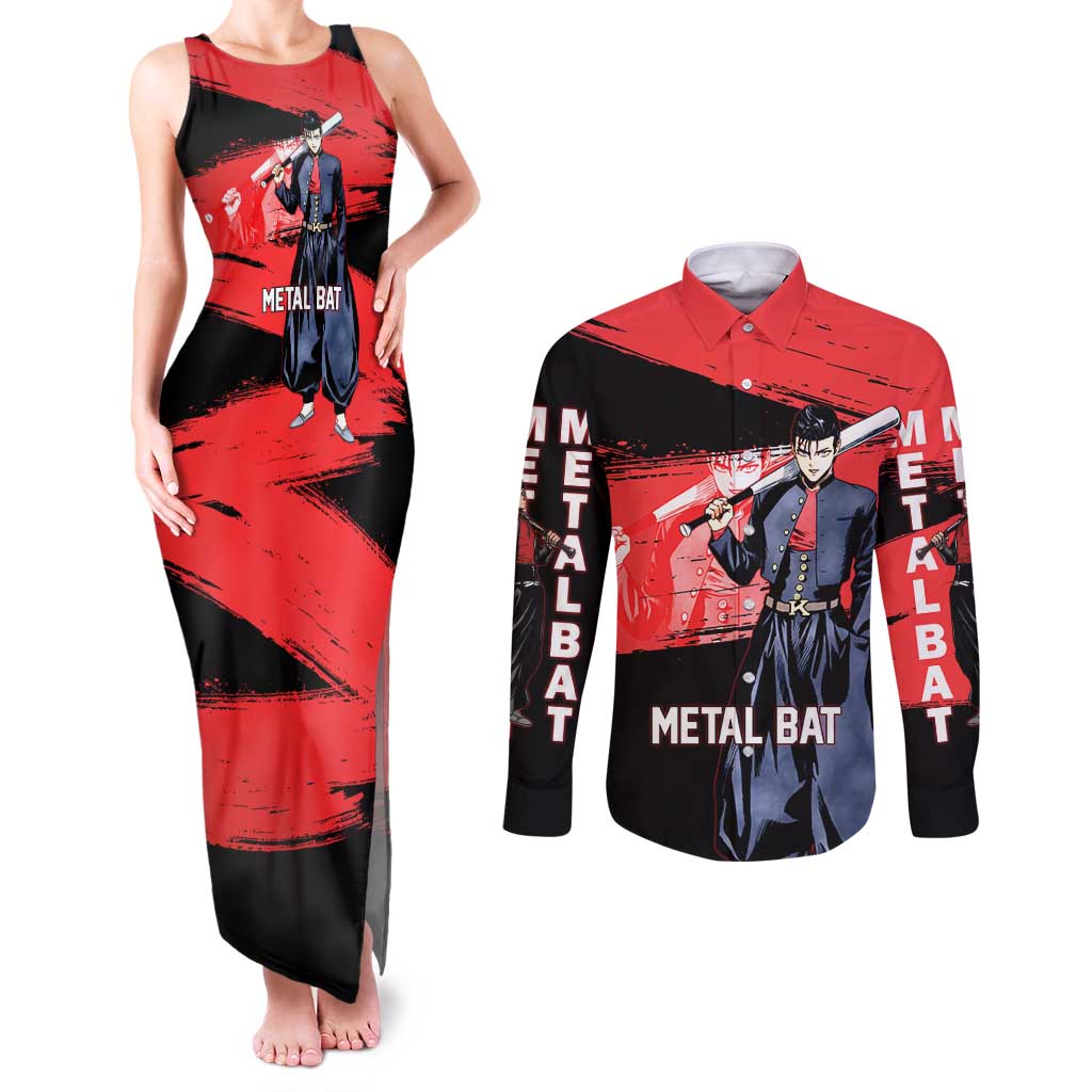Metal Bat One Punch Man Anime Red and Black Theme Couples Matching Tank Maxi Dress and Long Sleeve Button Shirt with Street Fighter Style and Bold Bat Stance - The Mazicc
