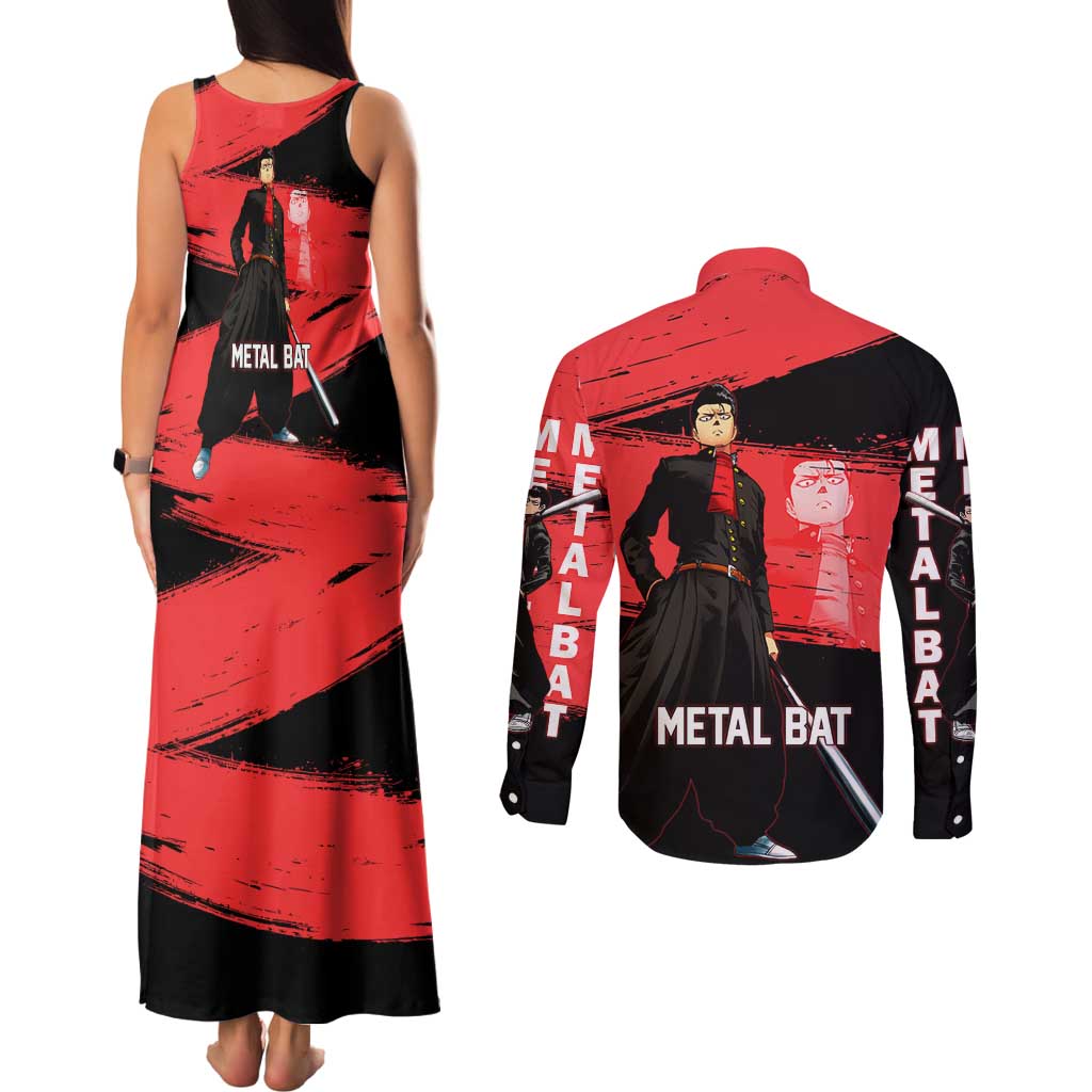 Metal Bat One Punch Man Anime Red and Black Theme Couples Matching Tank Maxi Dress and Long Sleeve Button Shirt with Street Fighter Style and Bold Bat Stance - The Mazicc