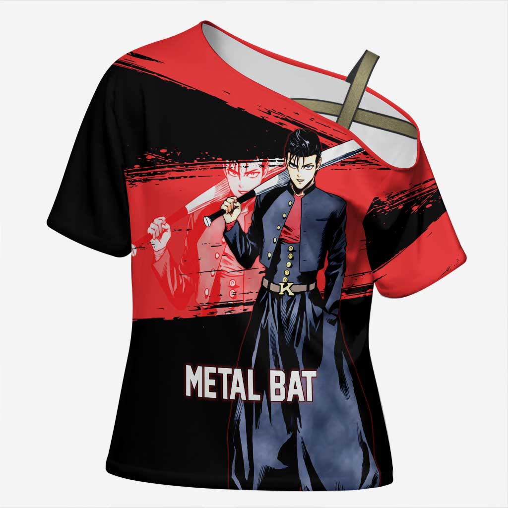 Metal Bat One Punch Man Anime Red and Black Theme Cross Shoulder Shirt with Street Fighter Style and Bold Bat Stance - The Mazicc