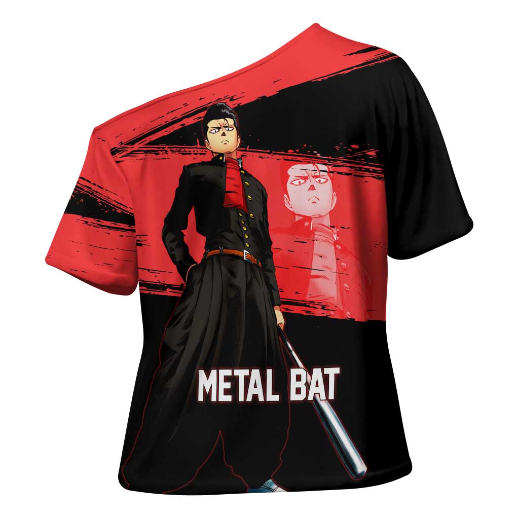 Metal Bat One Punch Man Anime Red and Black Theme Cross Shoulder Shirt with Street Fighter Style and Bold Bat Stance - The Mazicc