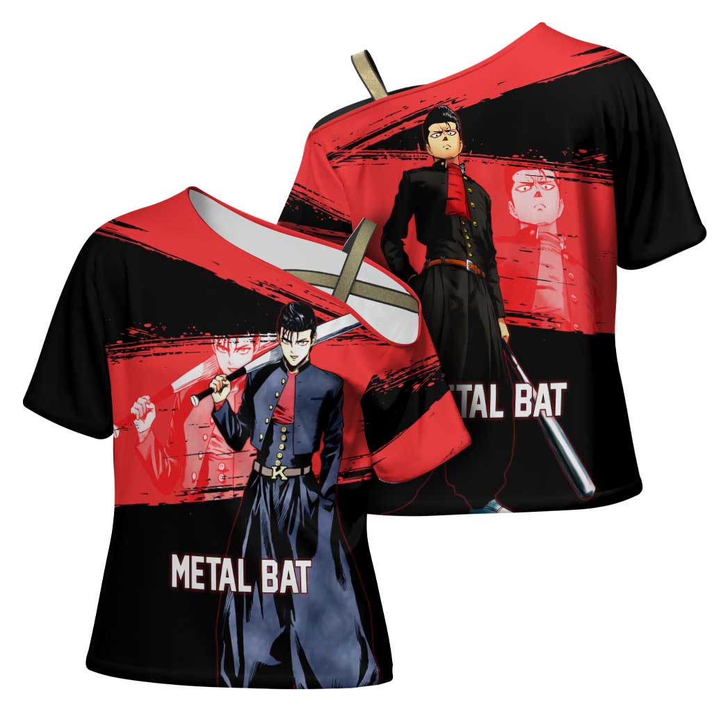 Metal Bat One Punch Man Anime Red and Black Theme Cross Shoulder Shirt with Street Fighter Style and Bold Bat Stance - The Mazicc