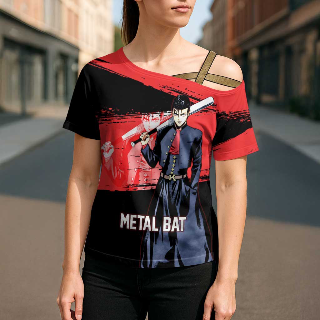 Metal Bat One Punch Man Anime Red and Black Theme Cross Shoulder Shirt with Street Fighter Style and Bold Bat Stance - The Mazicc