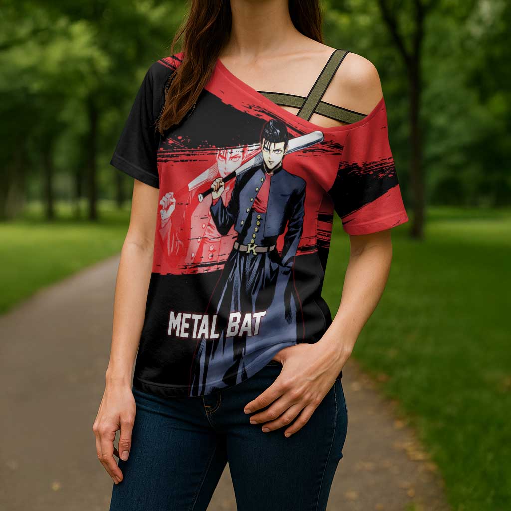 Metal Bat One Punch Man Anime Red and Black Theme Cross Shoulder Shirt with Street Fighter Style and Bold Bat Stance - The Mazicc