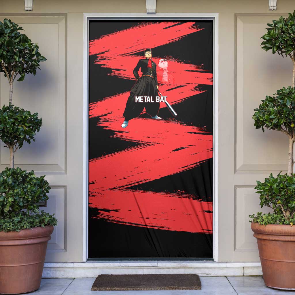 Metal Bat One Punch Man Anime Red and Black Theme Door Cover with Street Fighter Style and Bold Bat Stance - The Mazicc
