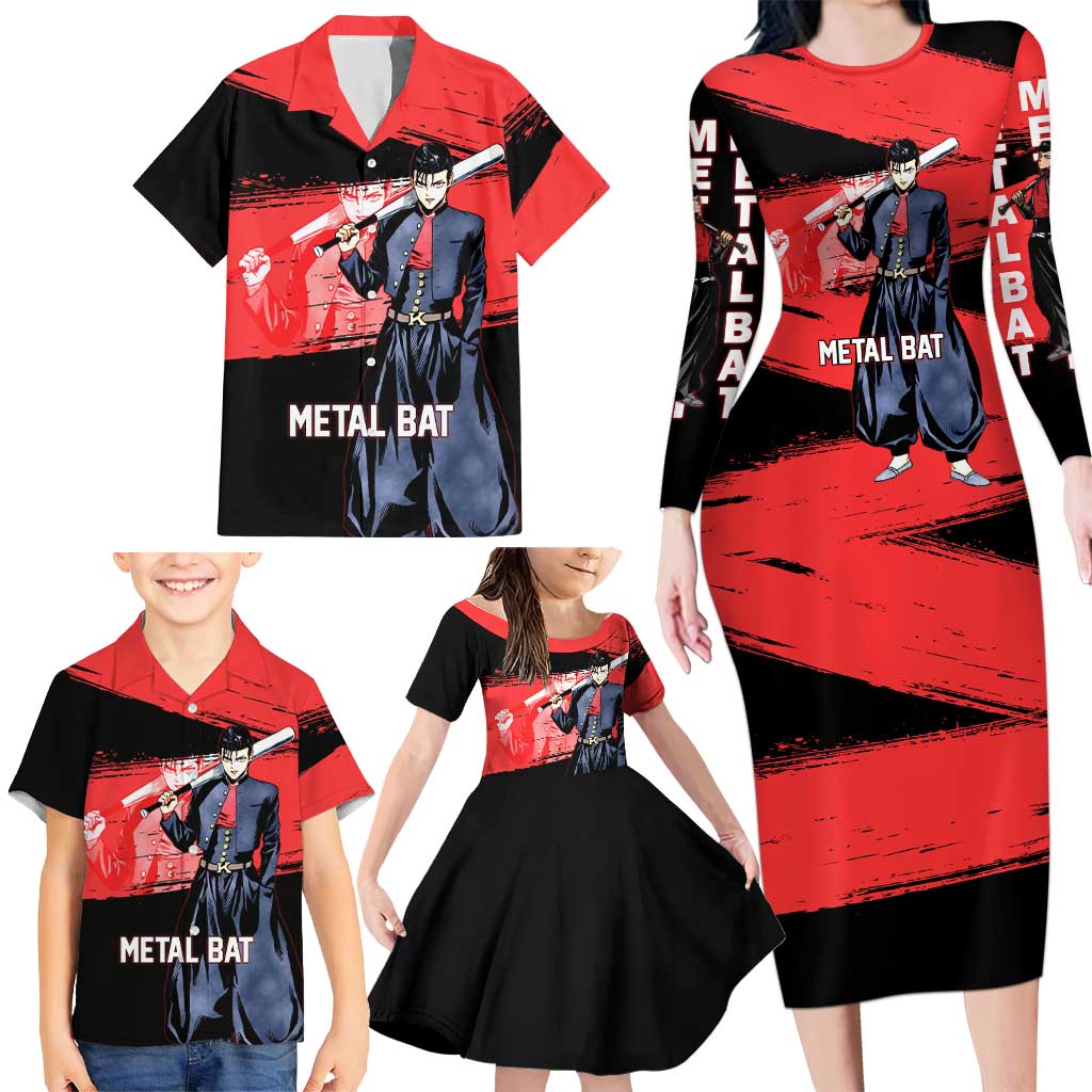 Metal Bat One Punch Man Anime Red and Black Theme Family Matching Long Sleeve Bodycon Dress and Hawaiian Shirt with Street Fighter Style and Bold Bat Stance