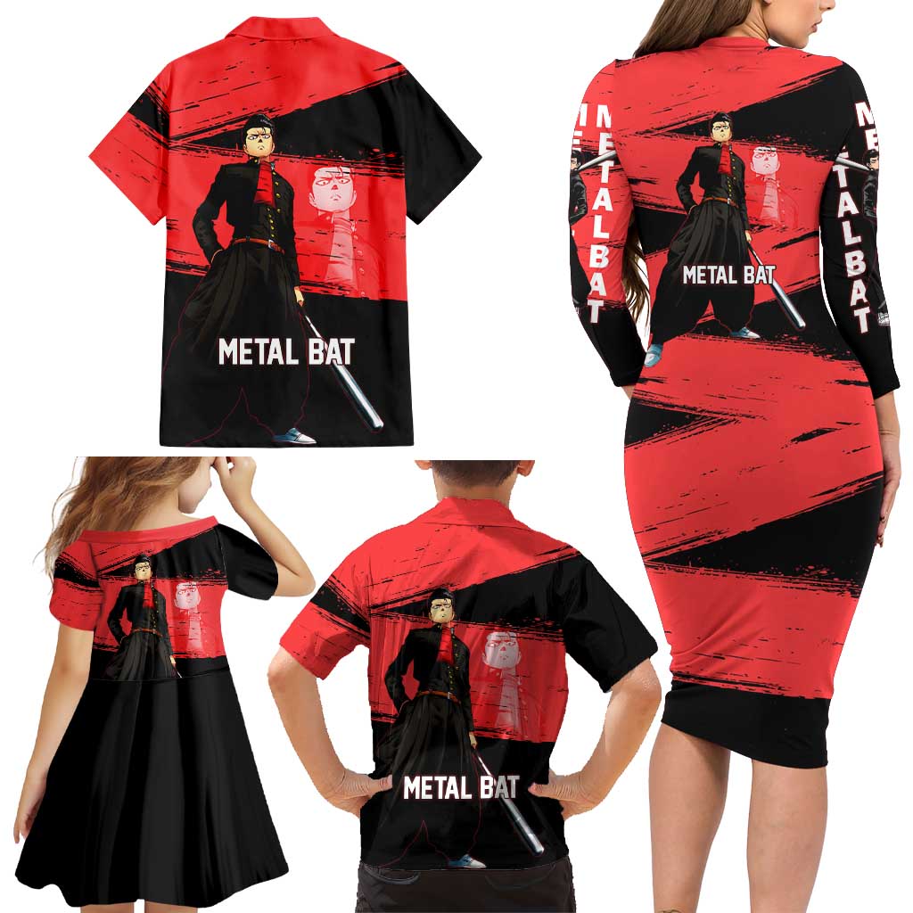 Metal Bat One Punch Man Anime Red and Black Theme Family Matching Long Sleeve Bodycon Dress and Hawaiian Shirt with Street Fighter Style and Bold Bat Stance