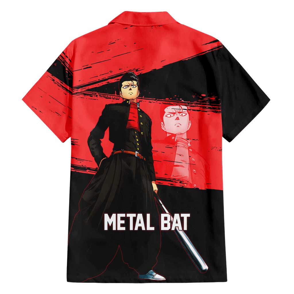 Metal Bat One Punch Man Anime Red and Black Theme Family Matching Long Sleeve Bodycon Dress and Hawaiian Shirt with Street Fighter Style and Bold Bat Stance