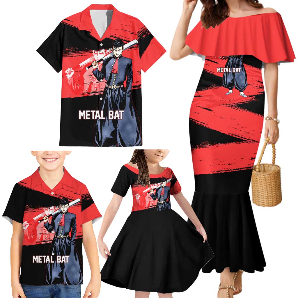 Metal Bat One Punch Man Anime Red and Black Theme Family Matching Mermaid Dress and Hawaiian Shirt with Street Fighter Style and Bold Bat Stance