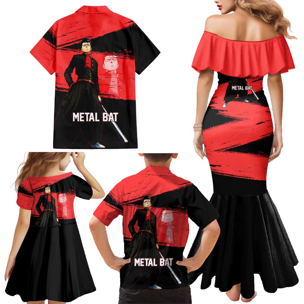 Metal Bat One Punch Man Anime Red and Black Theme Family Matching Mermaid Dress and Hawaiian Shirt with Street Fighter Style and Bold Bat Stance