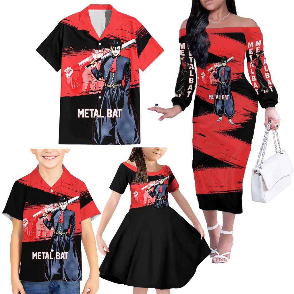Metal Bat One Punch Man Anime Red and Black Theme Family Matching Off The Shoulder Long Sleeve Dress and Hawaiian Shirt with Street Fighter Style and Bold Bat Stance