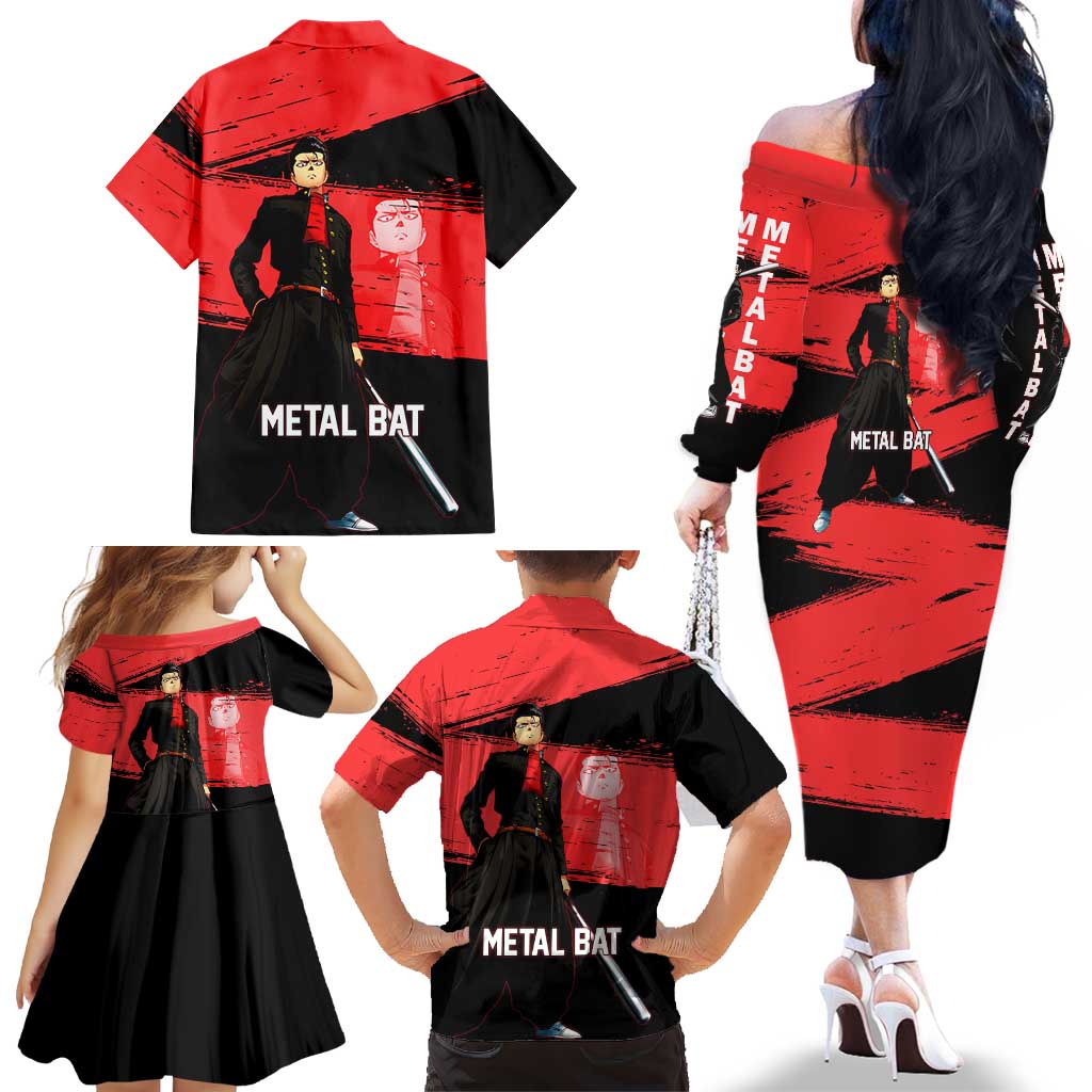 Metal Bat One Punch Man Anime Red and Black Theme Family Matching Off The Shoulder Long Sleeve Dress and Hawaiian Shirt with Street Fighter Style and Bold Bat Stance