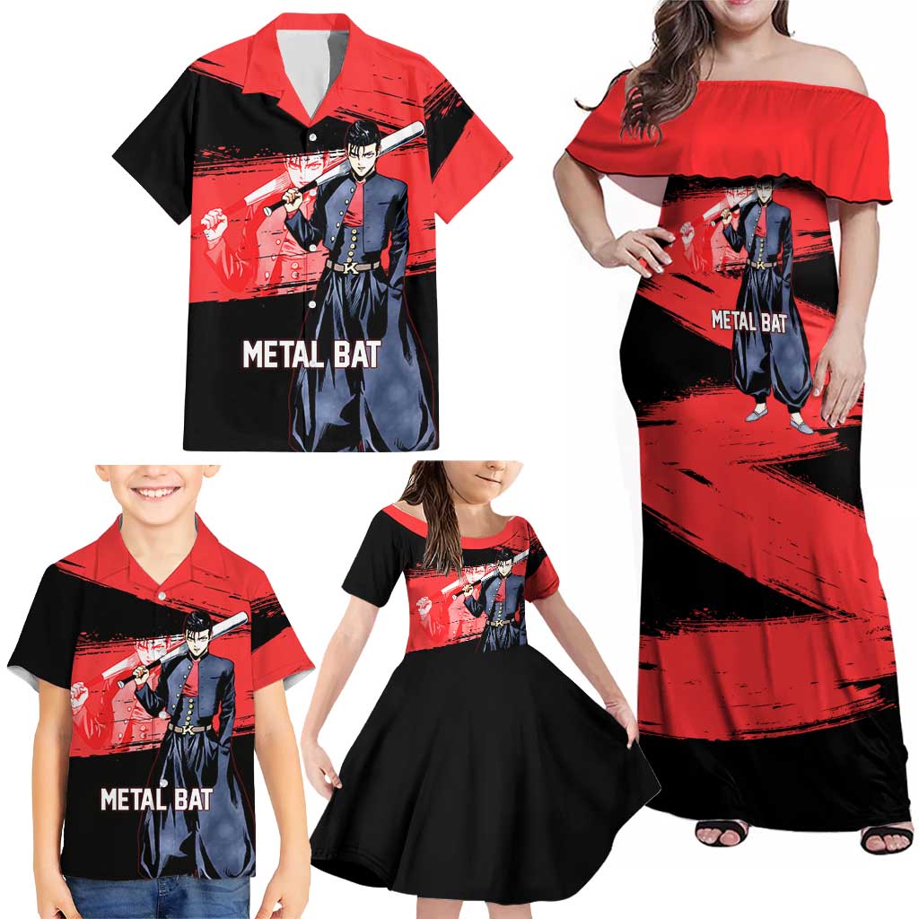 Metal Bat One Punch Man Anime Red and Black Theme Family Matching Off Shoulder Maxi Dress and Hawaiian Shirt with Street Fighter Style and Bold Bat Stance