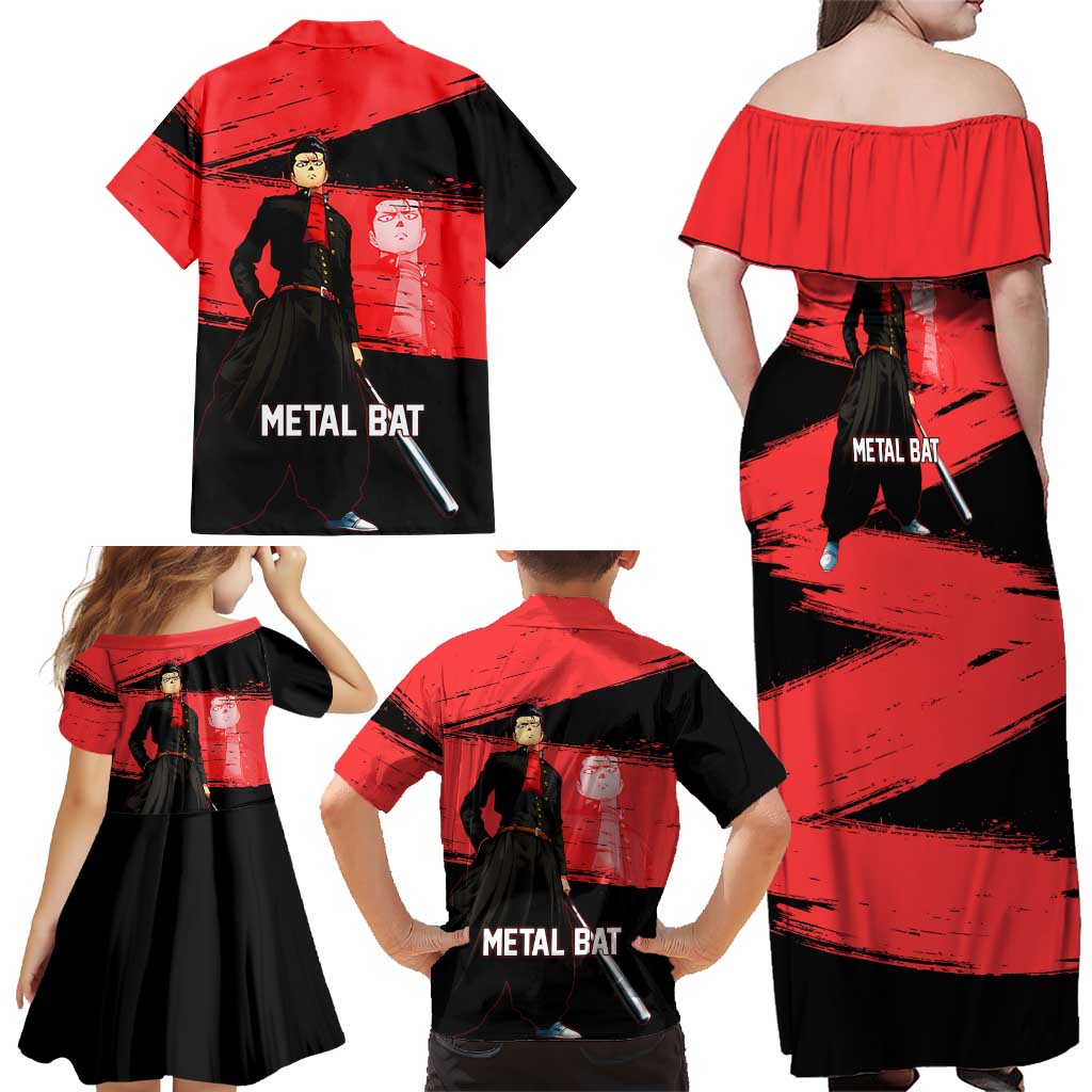 Metal Bat One Punch Man Anime Red and Black Theme Family Matching Off Shoulder Maxi Dress and Hawaiian Shirt with Street Fighter Style and Bold Bat Stance