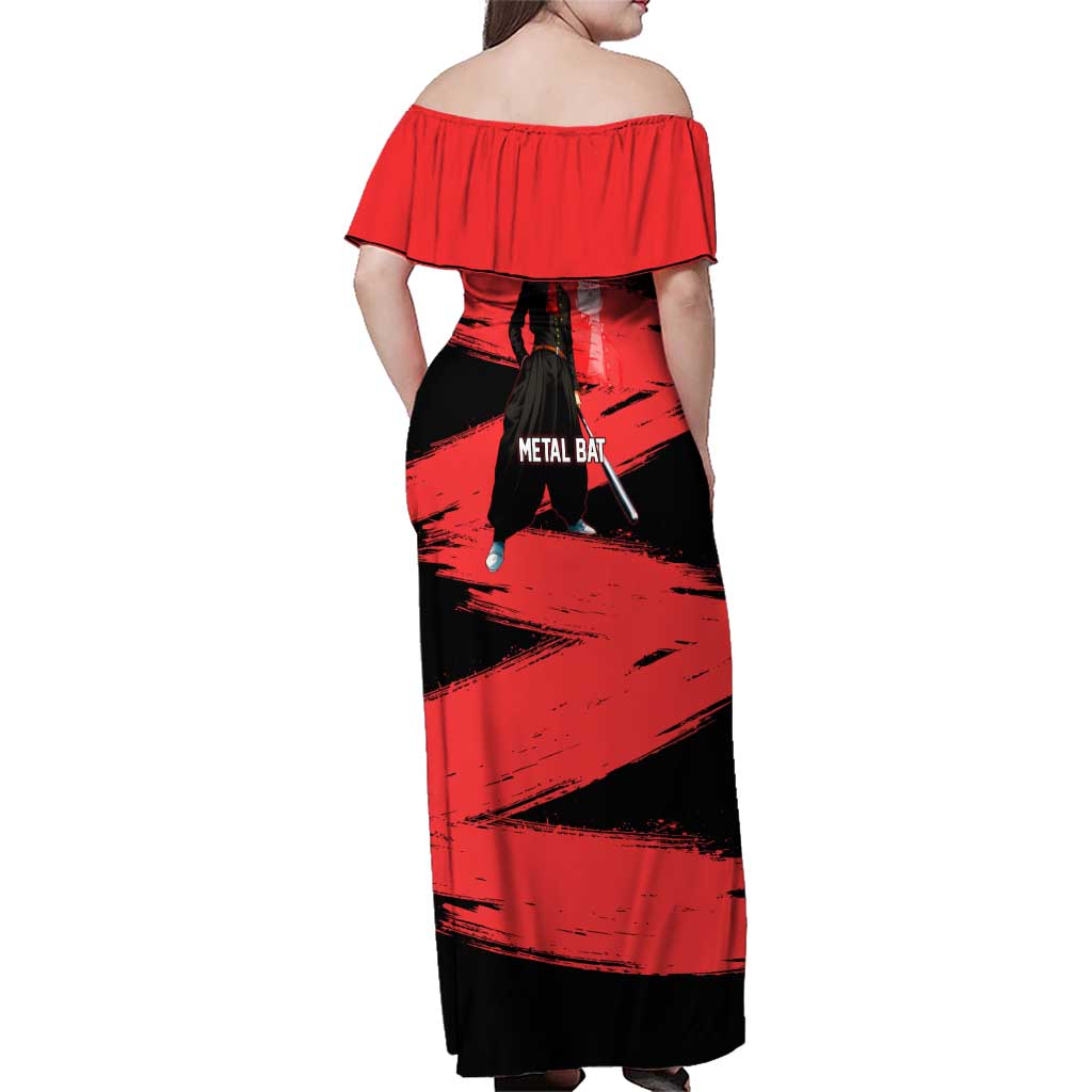 Metal Bat One Punch Man Anime Red and Black Theme Family Matching Off Shoulder Maxi Dress and Hawaiian Shirt with Street Fighter Style and Bold Bat Stance