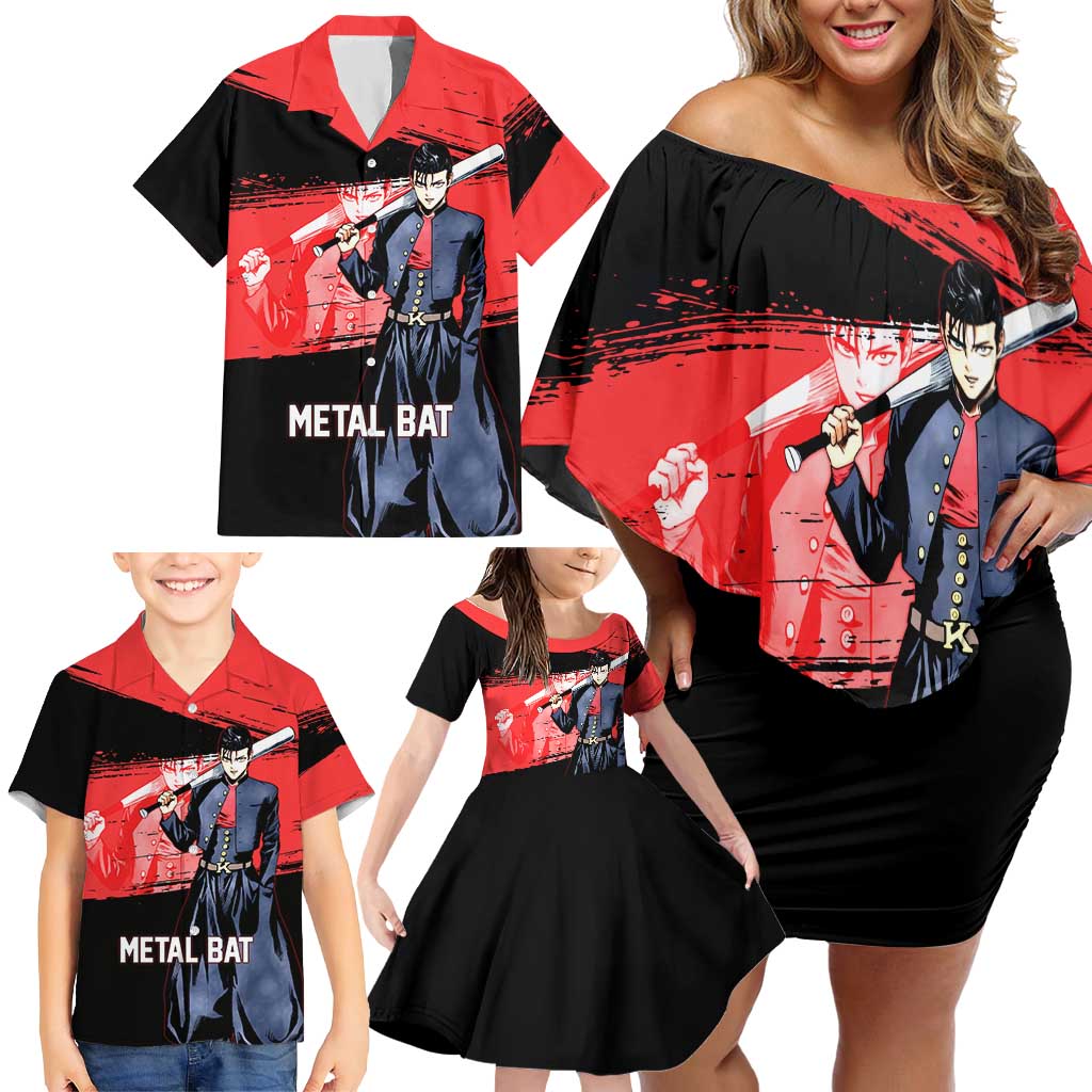 Metal Bat One Punch Man Anime Red and Black Theme Family Matching Off Shoulder Short Dress and Hawaiian Shirt with Street Fighter Style and Bold Bat Stance