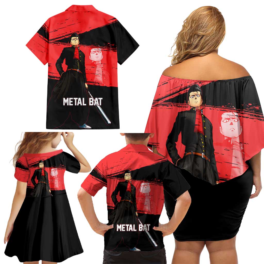 Metal Bat One Punch Man Anime Red and Black Theme Family Matching Off Shoulder Short Dress and Hawaiian Shirt with Street Fighter Style and Bold Bat Stance