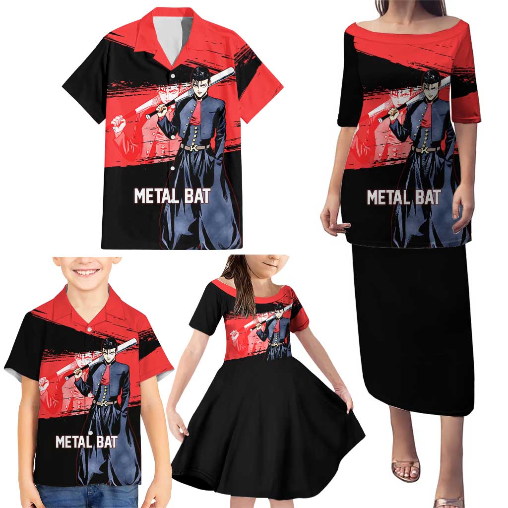 Metal Bat One Punch Man Anime Red and Black Theme Family Matching Puletasi and Hawaiian Shirt with Street Fighter Style and Bold Bat Stance
