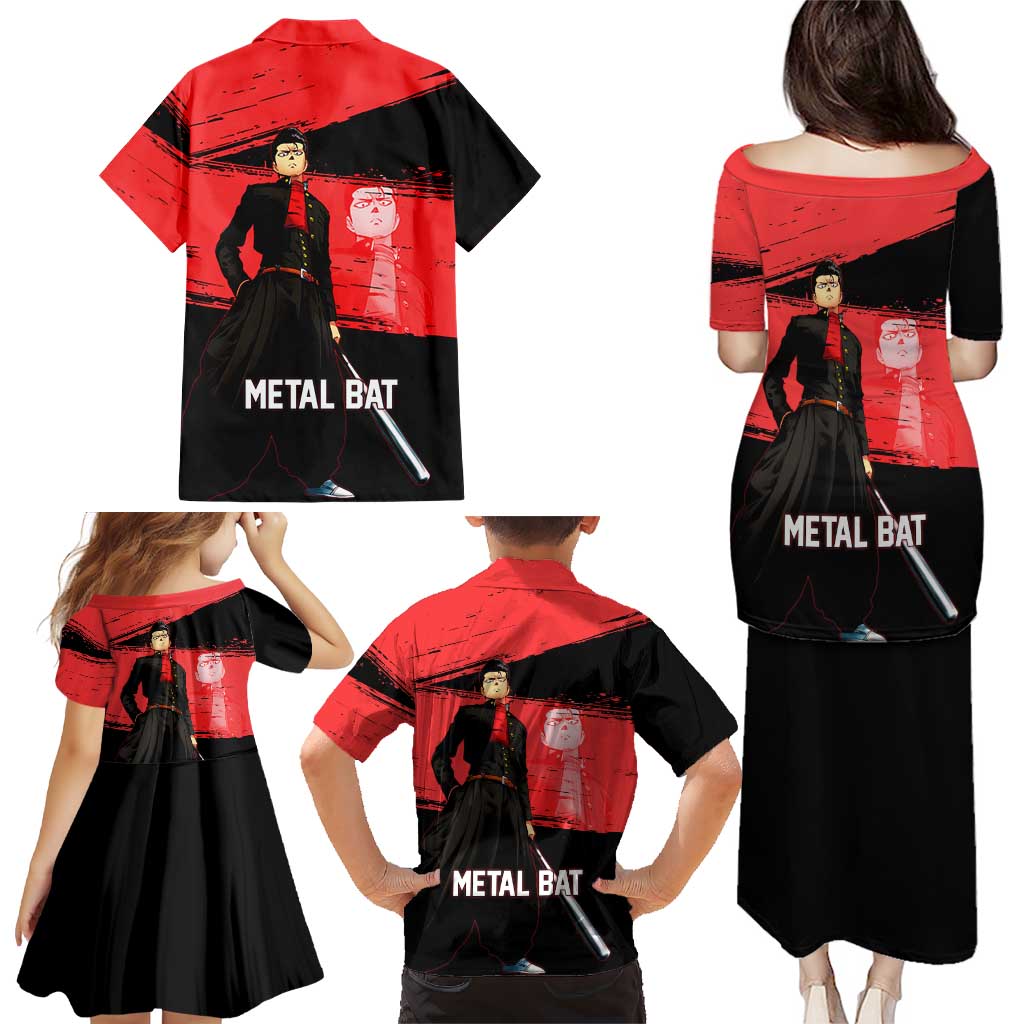 Metal Bat One Punch Man Anime Red and Black Theme Family Matching Puletasi and Hawaiian Shirt with Street Fighter Style and Bold Bat Stance