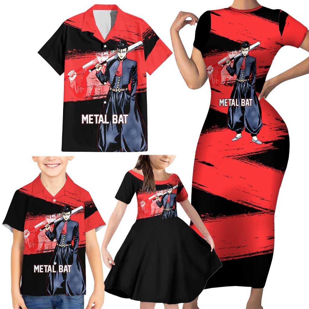 Metal Bat One Punch Man Anime Red and Black Theme Family Matching Short Sleeve Bodycon Dress and Hawaiian Shirt with Street Fighter Style and Bold Bat Stance