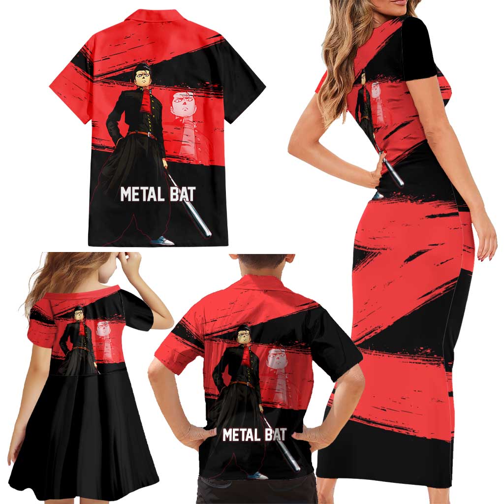 Metal Bat One Punch Man Anime Red and Black Theme Family Matching Short Sleeve Bodycon Dress and Hawaiian Shirt with Street Fighter Style and Bold Bat Stance