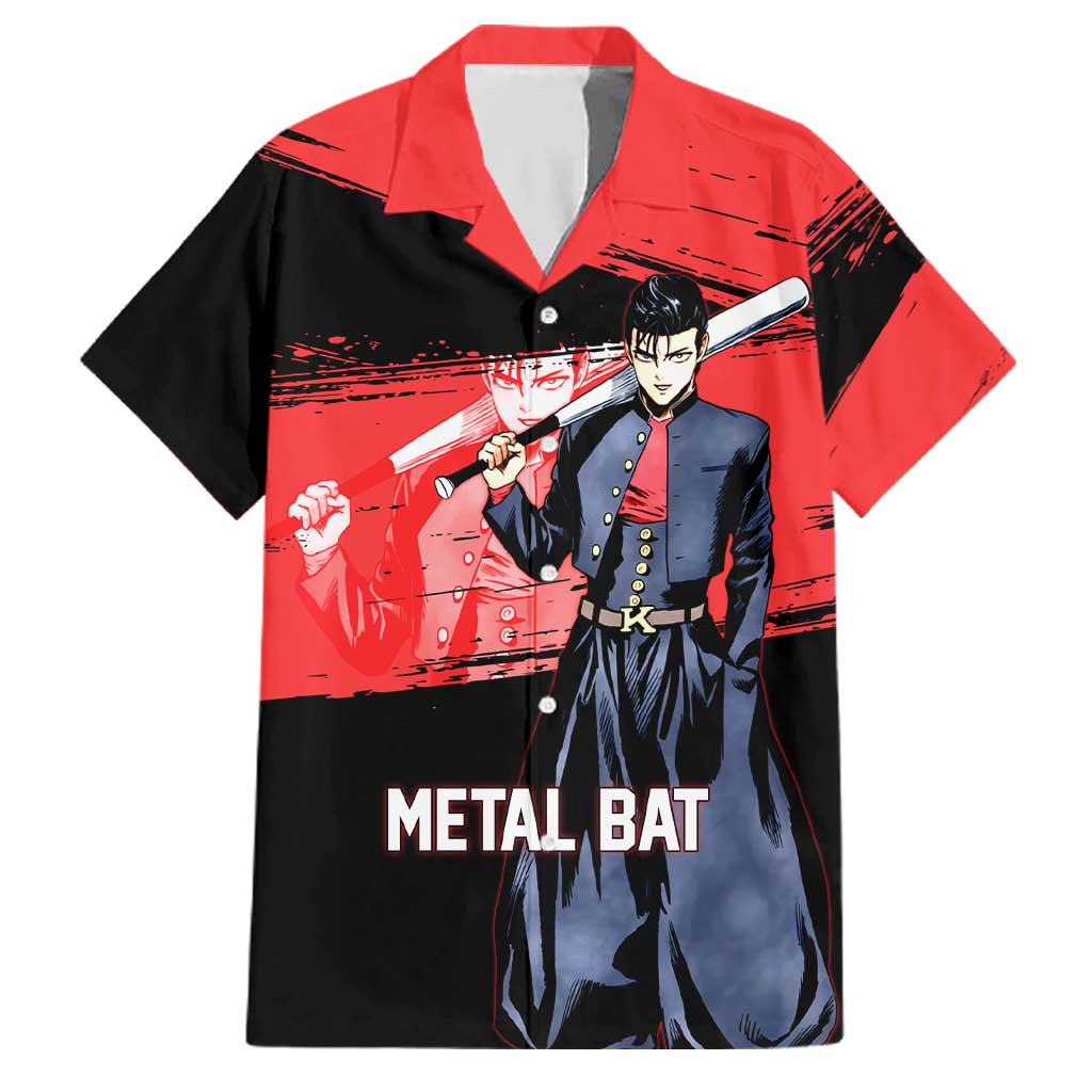 Metal Bat One Punch Man Anime Red and Black Theme Family Matching Short Sleeve Bodycon Dress and Hawaiian Shirt with Street Fighter Style and Bold Bat Stance
