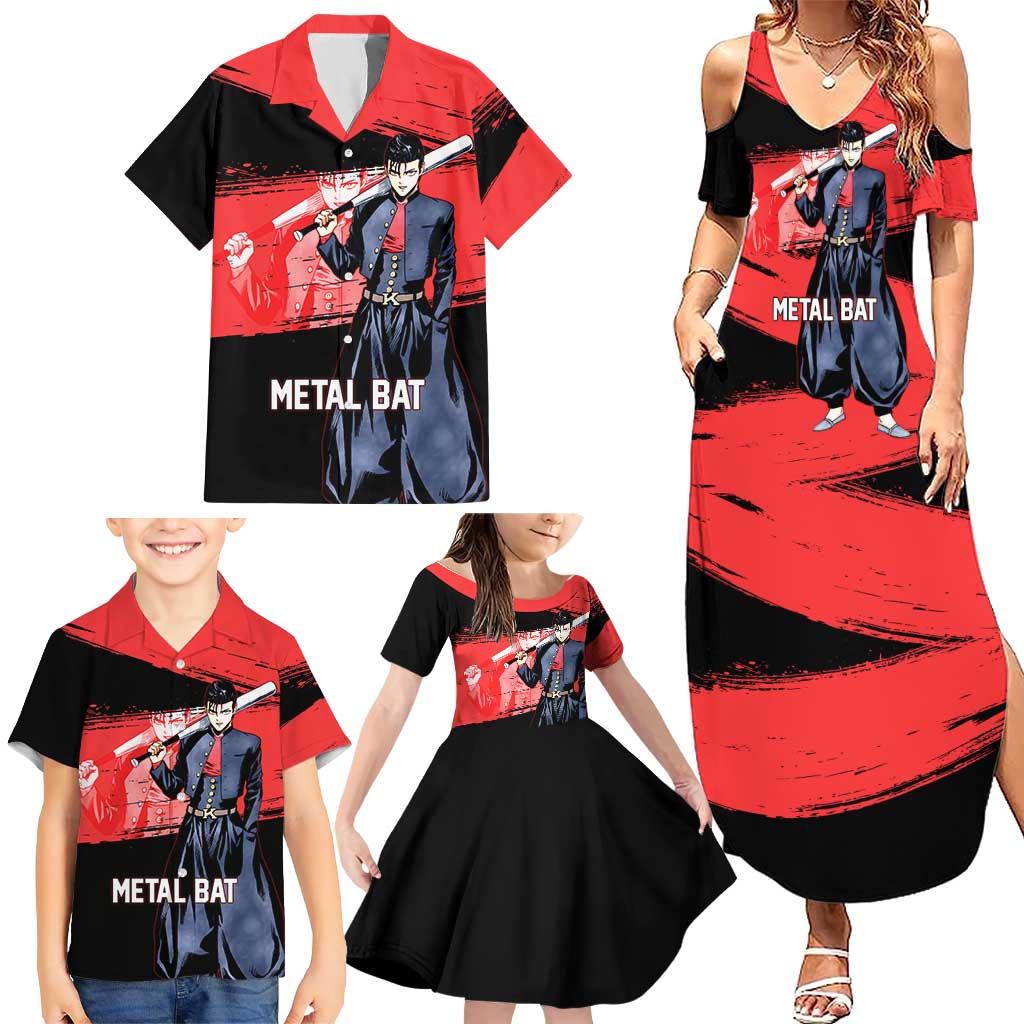 Metal Bat One Punch Man Anime Red and Black Theme Family Matching Summer Maxi Dress and Hawaiian Shirt with Street Fighter Style and Bold Bat Stance