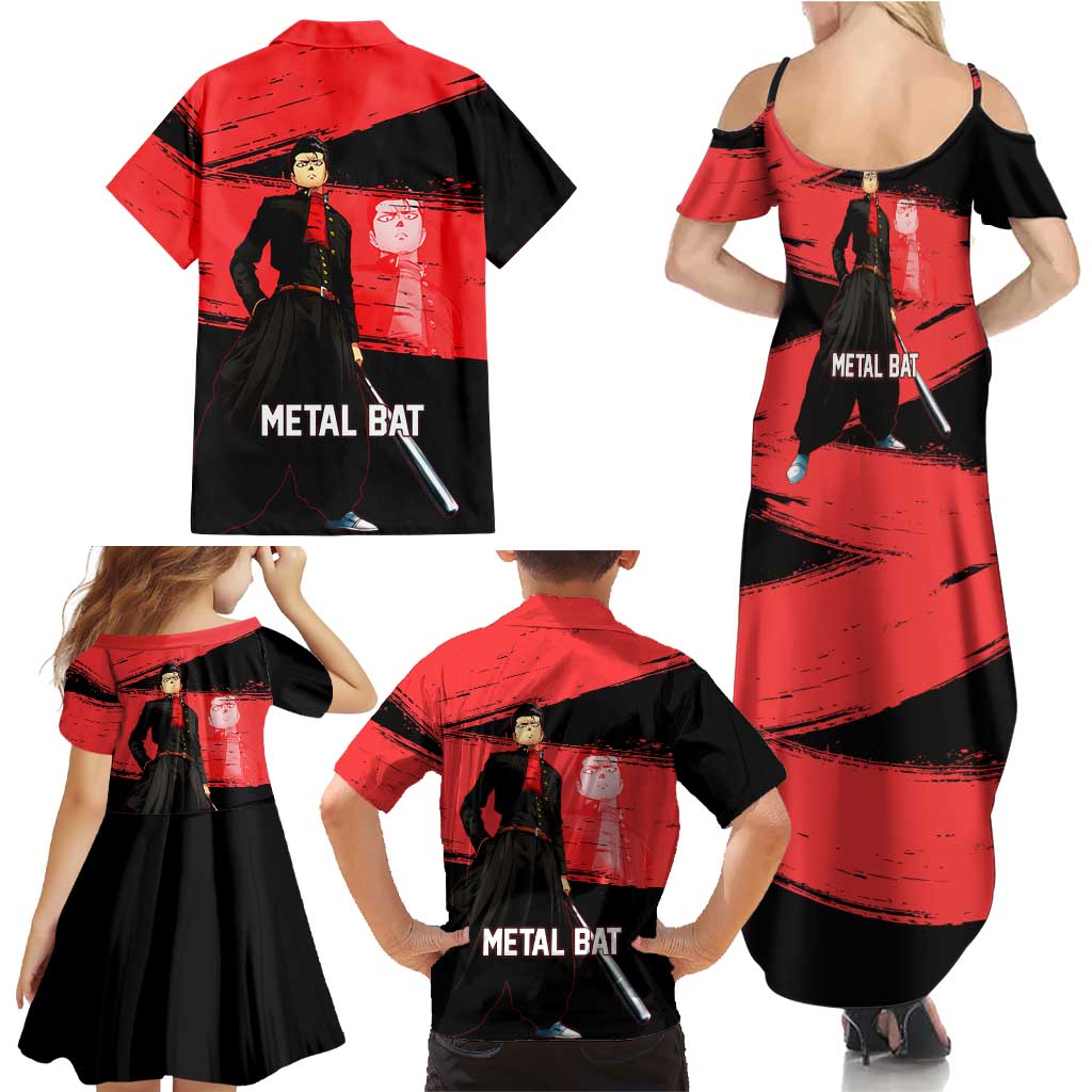 Metal Bat One Punch Man Anime Red and Black Theme Family Matching Summer Maxi Dress and Hawaiian Shirt with Street Fighter Style and Bold Bat Stance
