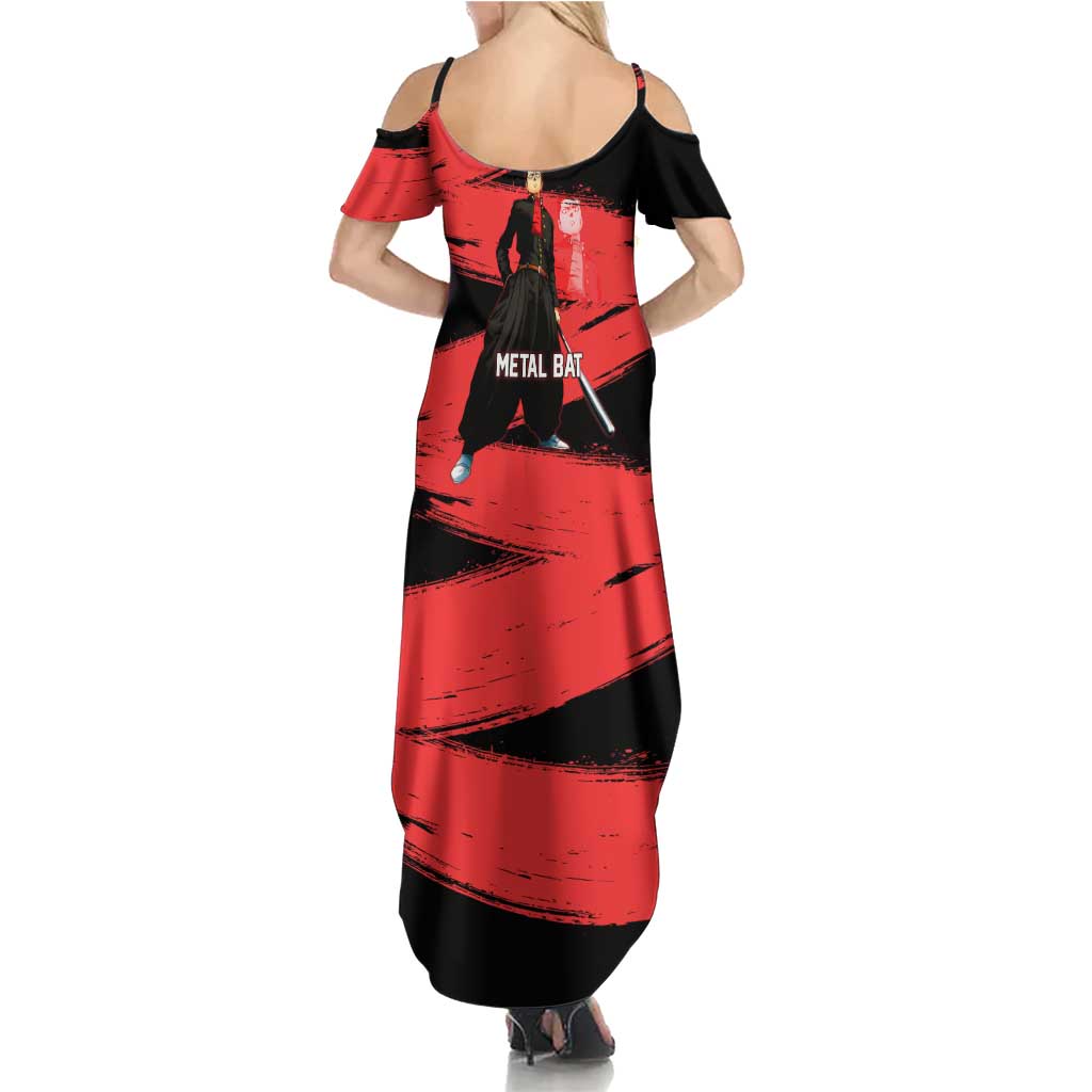 Metal Bat One Punch Man Anime Red and Black Theme Family Matching Summer Maxi Dress and Hawaiian Shirt with Street Fighter Style and Bold Bat Stance