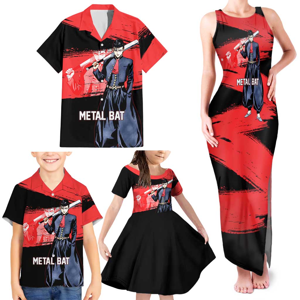 Metal Bat One Punch Man Anime Red and Black Theme Family Matching Tank Maxi Dress and Hawaiian Shirt with Street Fighter Style and Bold Bat Stance
