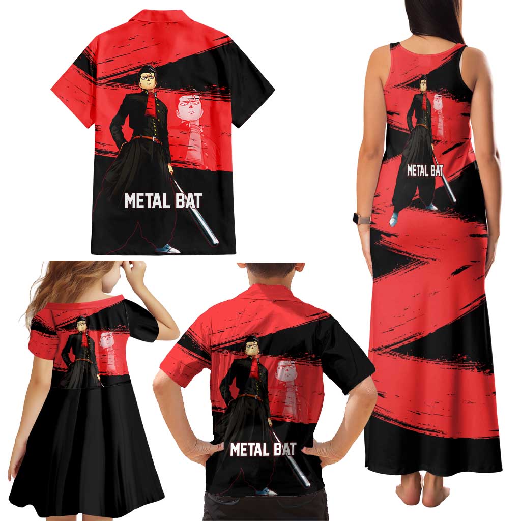 Metal Bat One Punch Man Anime Red and Black Theme Family Matching Tank Maxi Dress and Hawaiian Shirt with Street Fighter Style and Bold Bat Stance