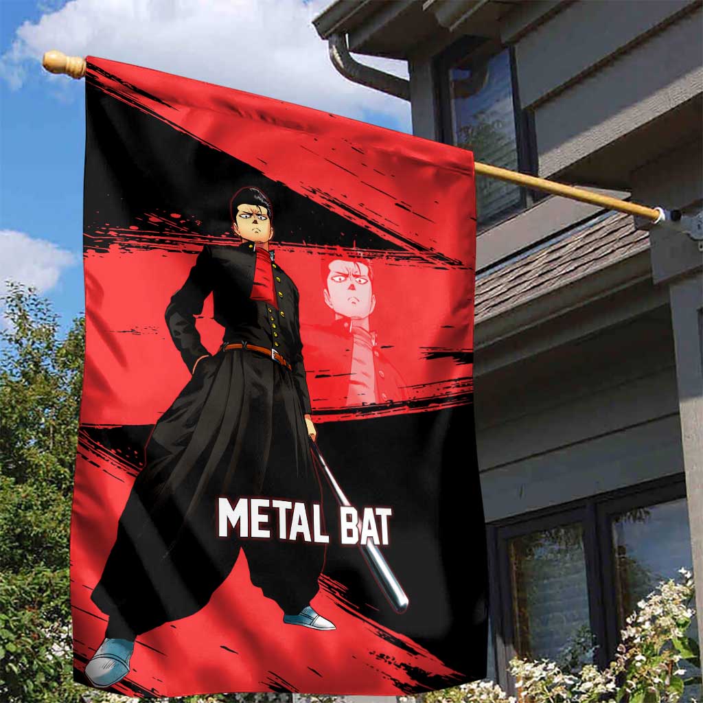 Metal Bat One Punch Man Anime Red and Black Theme Garden Flag with Street Fighter Style and Bold Bat Stance - The Mazicc