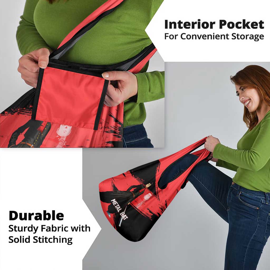 Metal Bat One Punch Man Anime Red and Black Theme Grocery Bag with Street Fighter Style and Bold Bat Stance - The Mazicc
