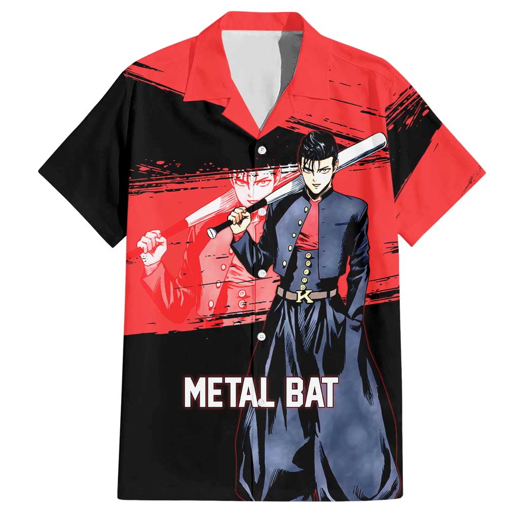 Metal Bat One Punch Man Anime Red and Black Theme Hawaiian Shirt with Street Fighter Style and Bold Bat Stance - The Mazicc