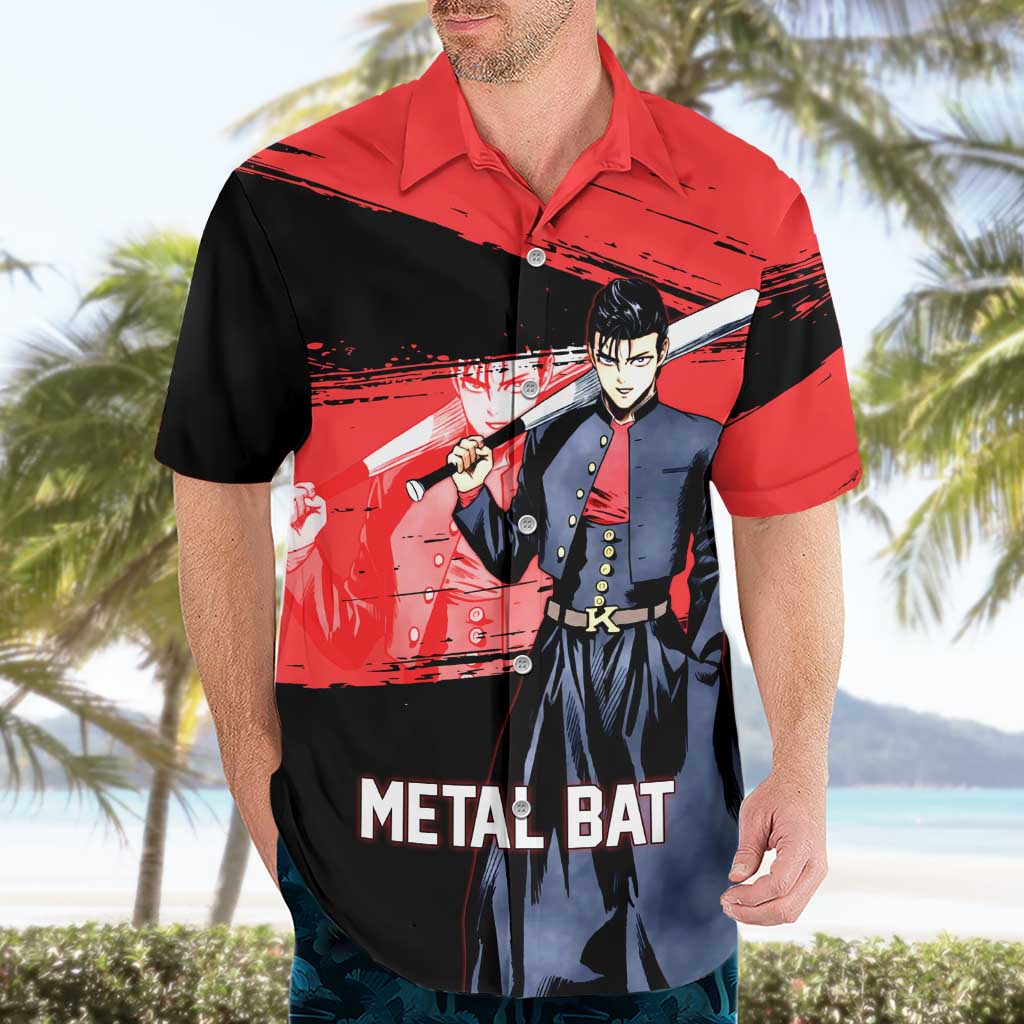 Metal Bat One Punch Man Anime Red and Black Theme Hawaiian Shirt with Street Fighter Style and Bold Bat Stance - The Mazicc