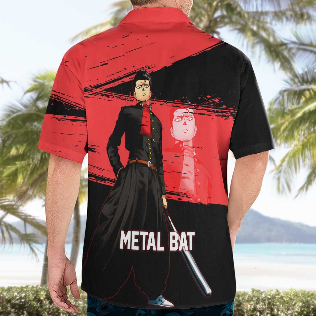 Metal Bat One Punch Man Anime Red and Black Theme Hawaiian Shirt with Street Fighter Style and Bold Bat Stance - The Mazicc