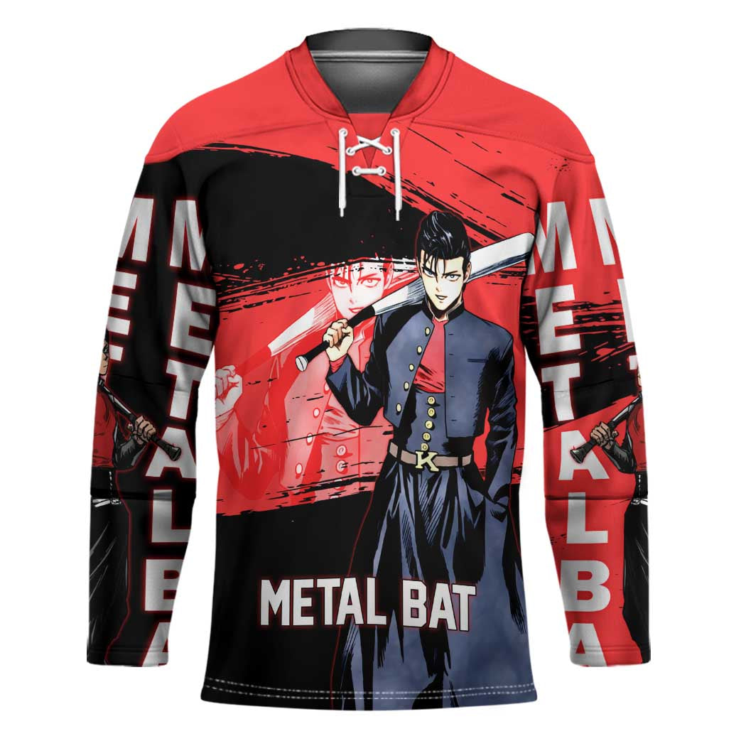 Metal Bat One Punch Man Anime Red and Black Theme Hockey Jersey with Street Fighter Style and Bold Bat Stance - The Mazicc