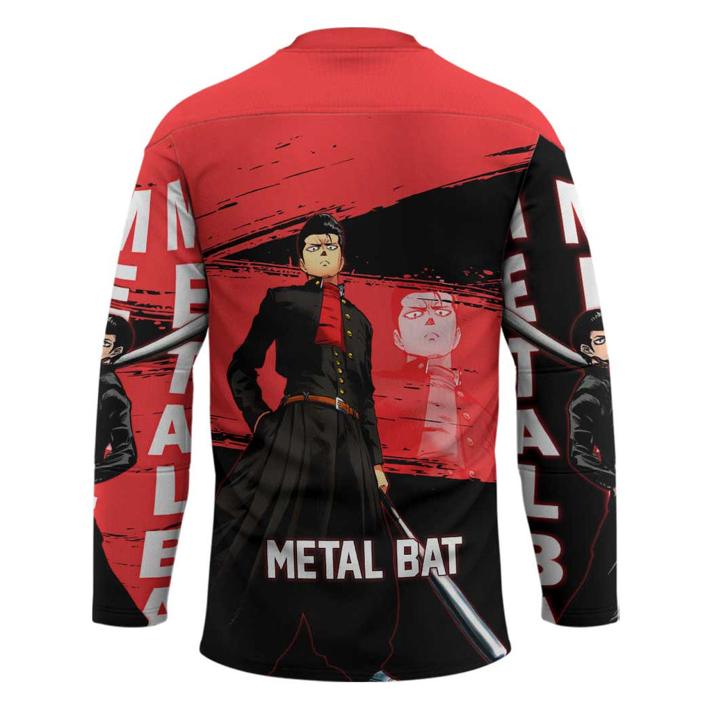 Metal Bat One Punch Man Anime Red and Black Theme Hockey Jersey with Street Fighter Style and Bold Bat Stance - The Mazicc