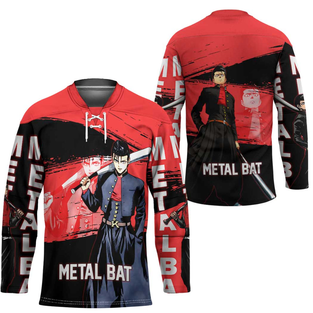 Metal Bat One Punch Man Anime Red and Black Theme Hockey Jersey with Street Fighter Style and Bold Bat Stance - The Mazicc