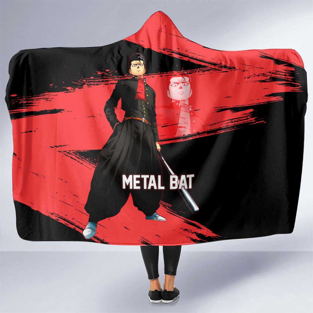 Metal Bat One Punch Man Anime Red and Black Theme Hooded Blanket with Street Fighter Style and Bold Bat Stance - The Mazicc