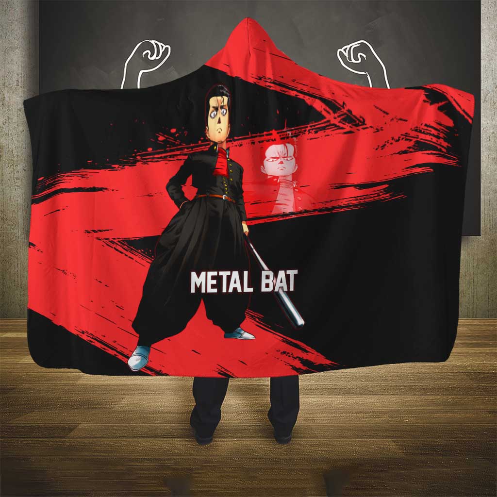 Metal Bat One Punch Man Anime Red and Black Theme Hooded Blanket with Street Fighter Style and Bold Bat Stance - The Mazicc